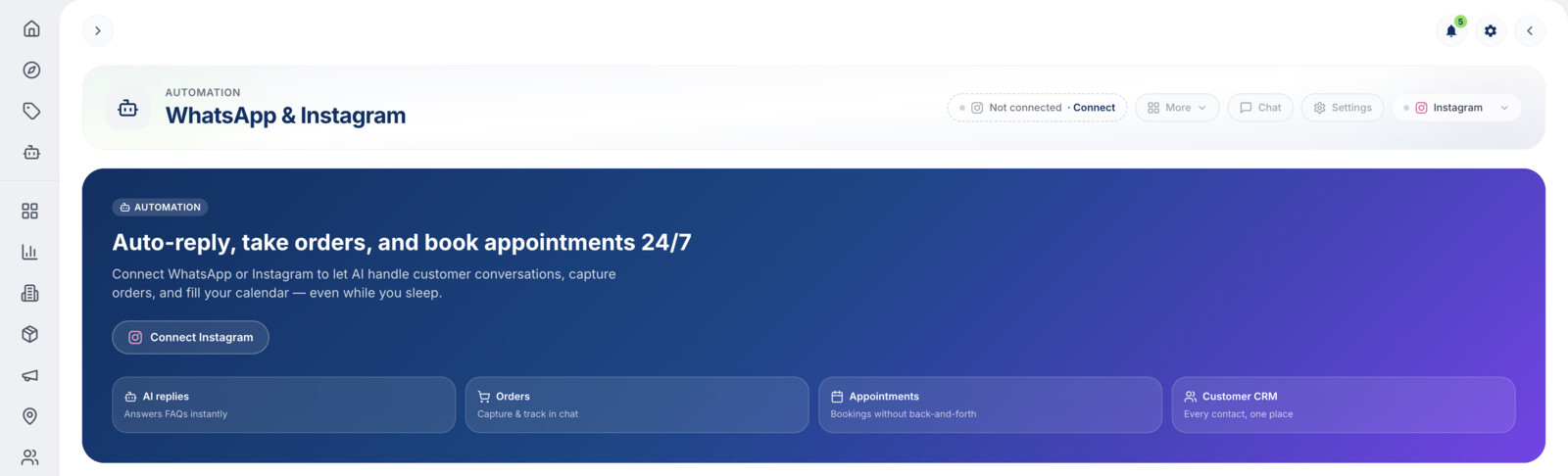 The Automation tab in the fynd business dashboard with a Connect Instagram button and AI replies, Orders, Appointments and Customer CRM highlights
