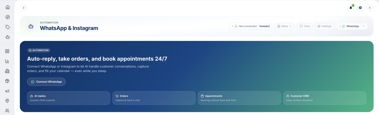 The Automation tab in the fynd business dashboard with a Connect WhatsApp button and AI replies, Orders, Appointments and Customer CRM highlights