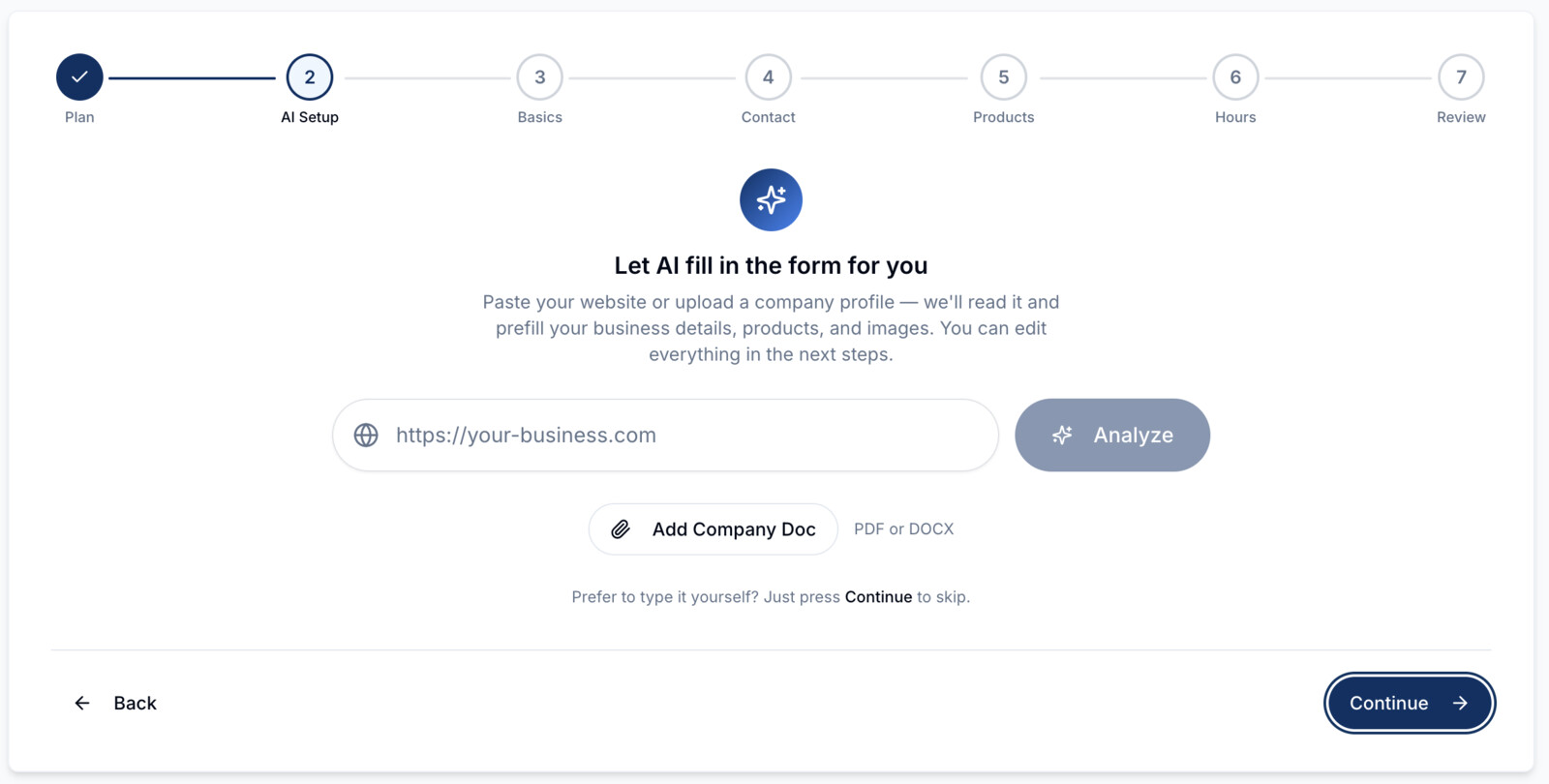 fynd business registration wizard on the AI Setup step, offering to prefill the form from your website or company profile