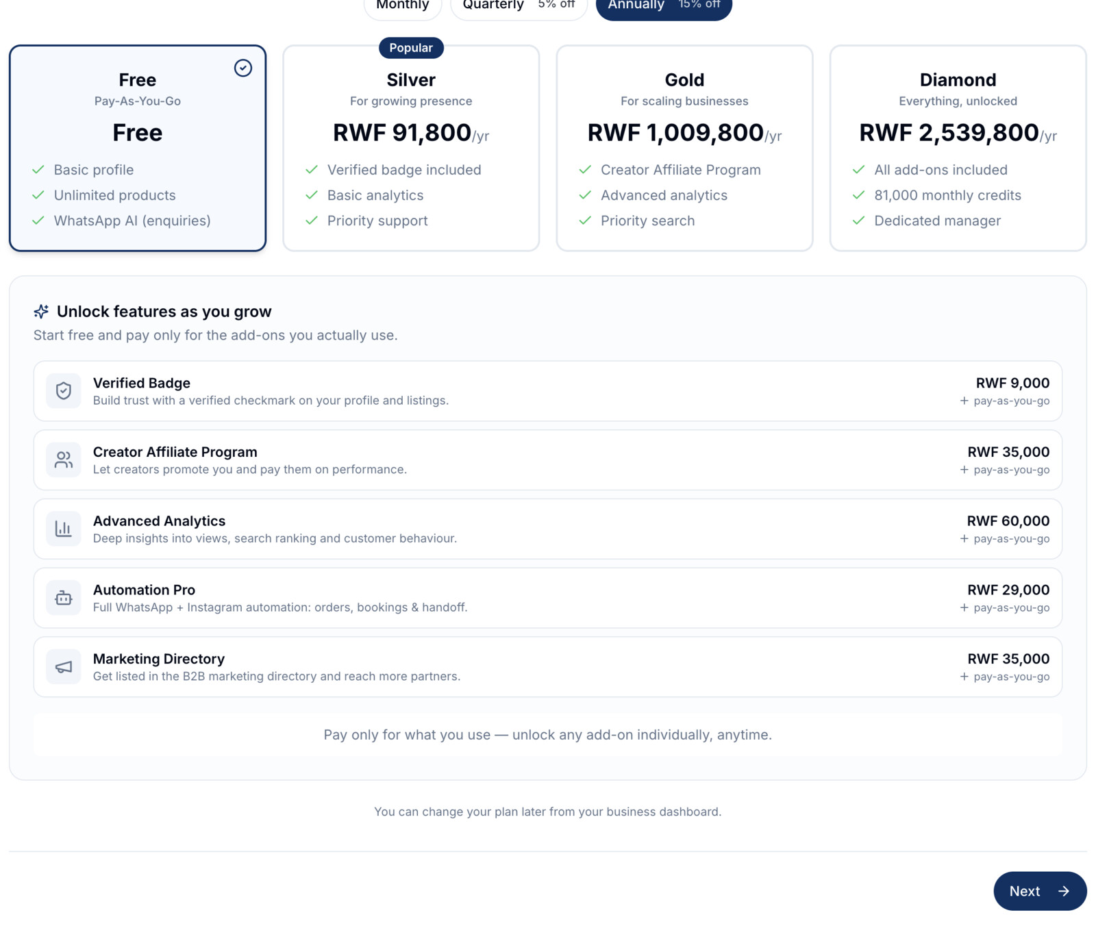 fynd plan picker showing Free, Silver, Gold and Diamond tiers plus pay-as-you-go add-ons